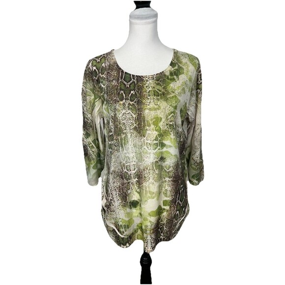 Chico's 2 Blouse Woman's Size L US 12 Knit Green Snake Print Beaded Tunic Top - Picture 1 of 9